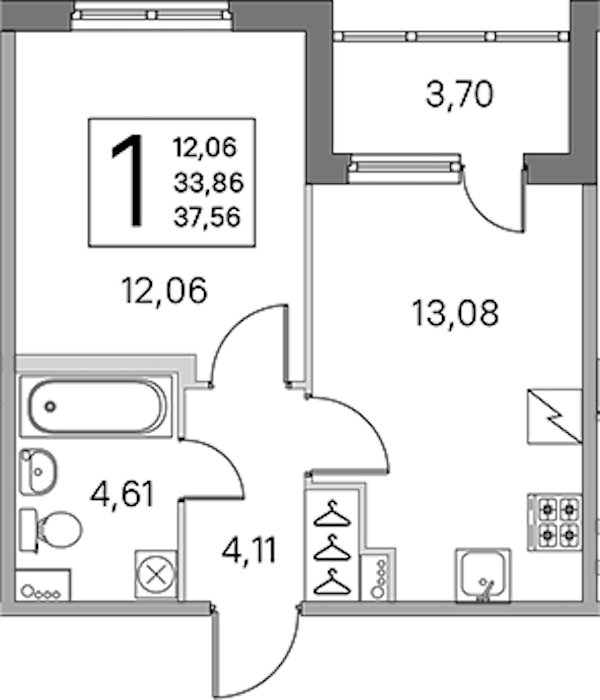 1-комнатная квартира 33.86 м², 2/5 эт., ЖК «ЮгТаун. Олимпийские кварталы»